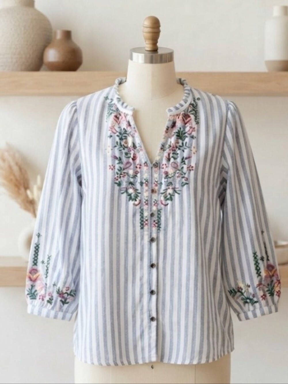 Kate & Sam Women Blue White Stripe Floral Embroidered Button Down Blouse Top Med